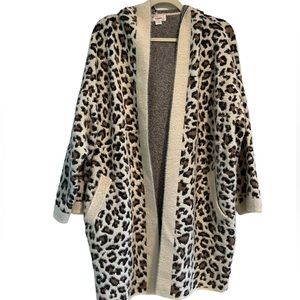 Leopard Print Long Line Hooded Cardigan w/pockets; 3/4 sleeves.- Kamana Sz L